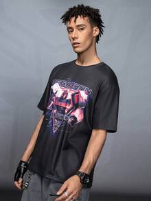 Transformers X SHEIN 男士休闲字母与机器人印花短袖 T 恤，夏季 - 黑色 - 查看 5