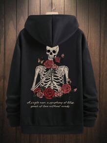 RueChic Cotton Men Skeleton & Slogan Graphic Drop Shoulder Drawstring Hoodie - Black - View 3