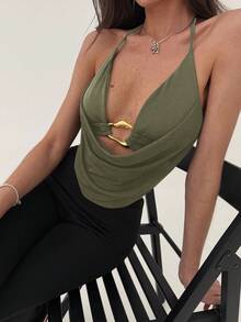 Aloruh Áo hai dây hở lưng cổ khoét sâu họa tiết kim loại trơn màu dành cho nữ - xanh quân đội - Xem 5