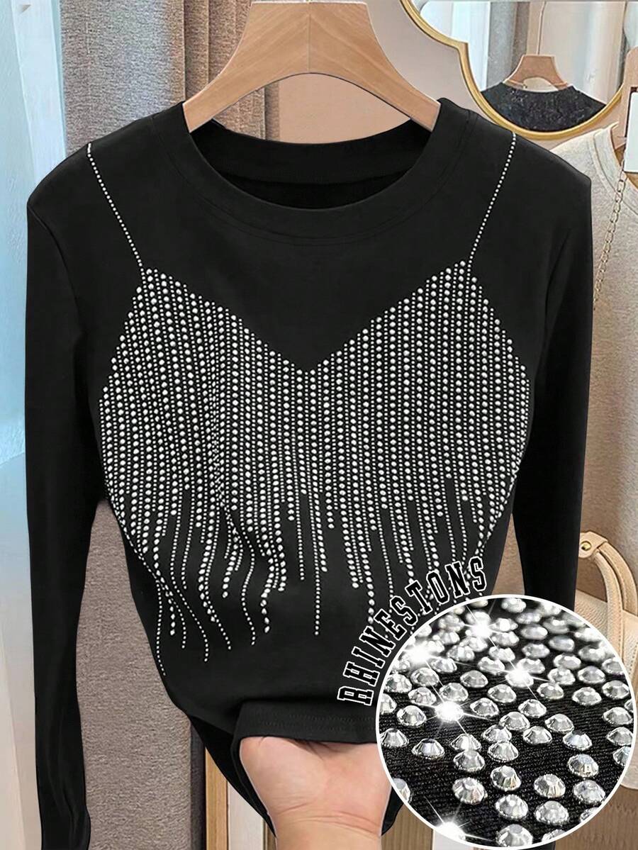 Franclia Camiseta de manga corta negra para mujer, top con diseño único de rhinestones, nueva camiseta corta a la cintura, camiseta ajustada de talla corta - Negro - Ver 1