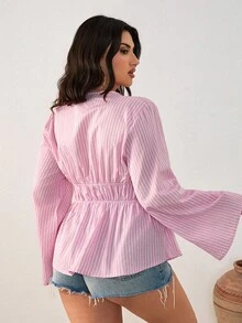 SHEIN Cottnline ملابس علوية نسائية كاجوال بوهيمية بيضاء برباط سحب وأكمام طويلة مقاس كبير مناسبة للبرانش والمناسبات الرسمية في فصل الخريف - وردي مغبر - مشاهدة 2