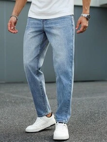 Manfinity Homme 男士休闲复古蓝色牛仔裤 - 中等水洗藍 - 查看 5