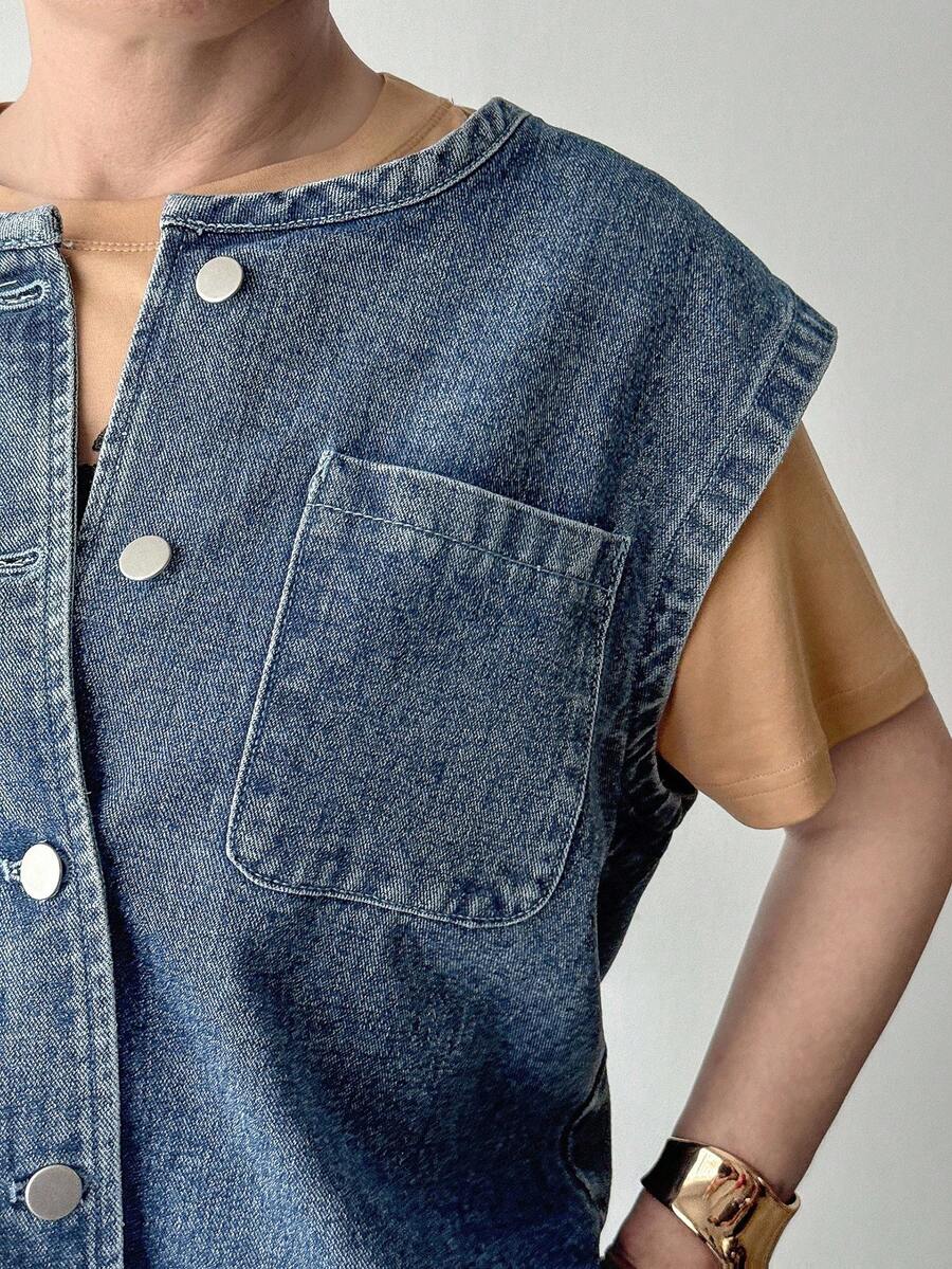 FRIFUL 女式休闲水洗无袖牛仔上衣 - 藍色 - 查看 1