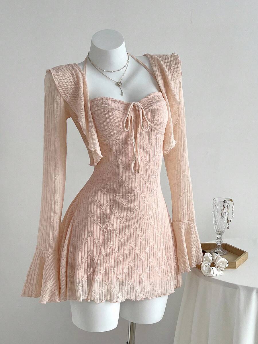 Elamini 2 件套女士秋冬时尚蕾丝花边吊带背心和蕾丝领收腰 A 字迷你连衣裙套装 - 粉色 - 查看 1