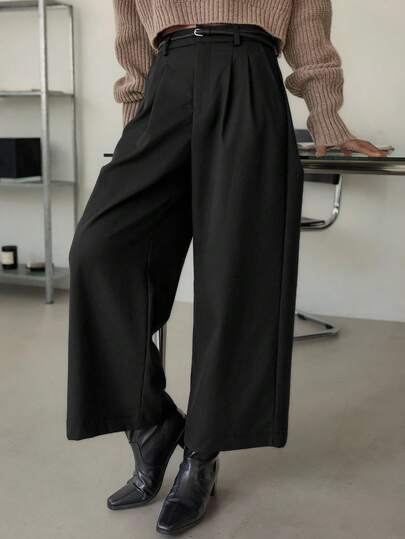 Dazy-Less 女士宽松商务休闲百褶7/8直筒裤，适合办公室、通勤和户外工作，秋冬季