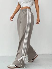 SHEIN PETITE Quần ống rộng lưng thun co giãn sọc hai bên dành cho nữ - Xám - Xem 5