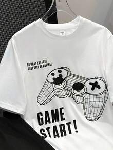 SHEIN 2pcs/Set Teen Boys' Casual Video Game Graphic Print T-Shirt And Shorts Set, Summer, Cotton Blend - Black and White - View 6