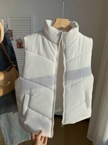 SHEIN 少女蓝绿色夹棉背心，冬季立领拉链不对称渐变短款夹棉夹克