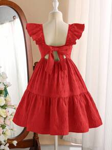 SHEIN Vestido texturizado para niñas preadolescentes con cuello cuadrado, decoración de lazo y mangas con volantes en la espalda abierta - Rojo - Ver 3