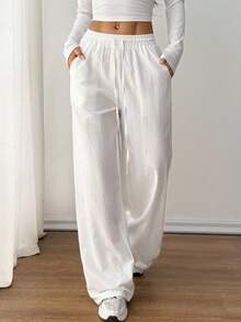 SHEIN PETITE Women's Summer Country Concert Going Out Boho Beach Vacation Outfits Basic Minimalist Washed 100%Cotton White Pants Curved Hem Pants,Fall Women Clothes White Wide Leg Pants Women - White - View 11