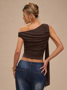 SHEIN BAE 纯色不对称肩部金属扣系带修身女式上衣，适合日常穿着、约会、郊游、聚会、派对，优雅的女士分层单品，适合鸡尾酒会、浪漫约会、秋冬针织汗衫 - 棕色 - 查看 2