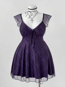 Sweetra Đầm midi tay lửng họa tiết kẻ caro cổ chữ V cỡ lớn mùa hè, buộc eo - Nhiều màu - Xem 5