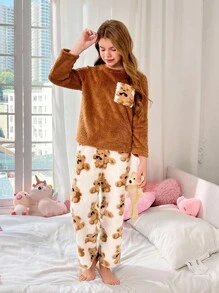 SHEIN 少女棕熊图案口袋运动衫和柔软毛绒熊印花睡裤两件套睡衣套装，舒适秋冬
