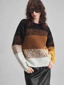 Ontre 2025 New Winter Women's Sweater,Black And White Striped,Autumn,Casual,Everyday Color Block Round Neck Long Sleeve,Minimalist Office Fashionable Top - Multicolor - View 2