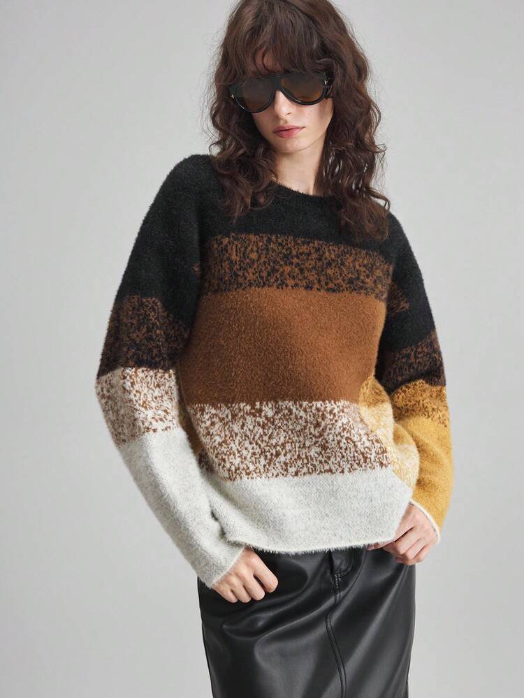 2025 New Winter Women's Sweater,Black And White Striped,Autumn,Casual,Everyday Color Block Round Neck Long Sleeve,Minimalist Office Fashionable Top