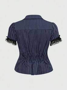 ROMWE Grunge Punk Áo cánh tay ngắn phối ren họa tiết sọc ôm eo cỡ lớn dành cho nữ - Màu xanh hải quân - Xem 2