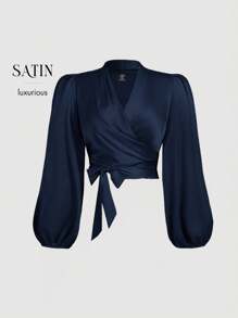 SHEIN MOD 大码女式海军蓝裹身式领带蝴蝶结灯笼袖衬衫 - 藏蓝色 - 查看 4