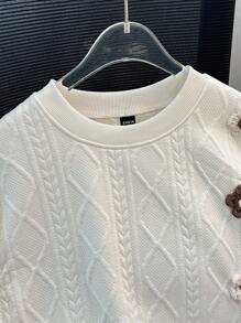 GlowEve 女士时尚纯色纹理装饰钩针 3D 花卉圆领落肩长袖开衩下摆宽松休闲运动衫 - 杏色 - 查看 6