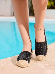 Styleloop 女士平底编织鞋，波西米亚风格度假装 - 黑色 - 查看 2