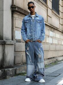 PAVTROS Chaqueta vaquera casual desgastada y desteñida para hombres - Azul - Ver 4