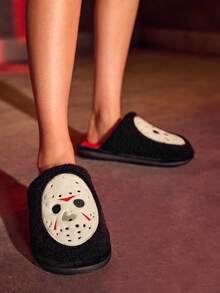 WB Horror X SHEIN Fashionable Men&Women Black Embroidered Mask Non-Slip Indoor Slippers Soft Plush Warm Winter House Shoes Durable Sole, Home Bedroom Air-Conditioned Room Spring Autumn Unisex - Black - View 8