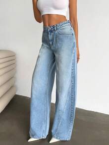 RueChic 女士低腰阔腿蓝色牛仔裤 日常休闲 - 中等水洗藍 - 查看 4