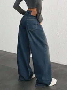 CasuGlow 女士宽腿低腰牛仔裤 Y2K 街头风格 - 深色水洗藍 - 查看 2