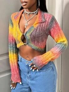 BamGleam Women's Long Sleeve Cardigan Short Shirt Collar Color Block Sexy Knit Sweater Fall Winter Cloth For Women