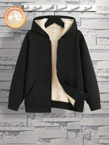 SHEIN Tween Boy's Fashionable & Versatile Thermal Lined Hoodie, Autumn/Winter Fall - Apricot - View 3