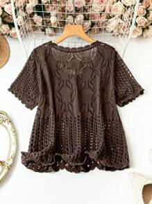 SHEIN LUNE Plus Size Women Solid Color Knitted Round Neck Hollow Out Single-Breasted Short Sleeve Cropped Casual Lightweight Cardigan, Spring/Summer - Brown - View 2