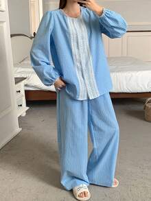 DAZY Plaid Contrast Ruffle Patchwork Lantern Sleeve Women Pajama Set, Fall Clothes - Blue - View 3