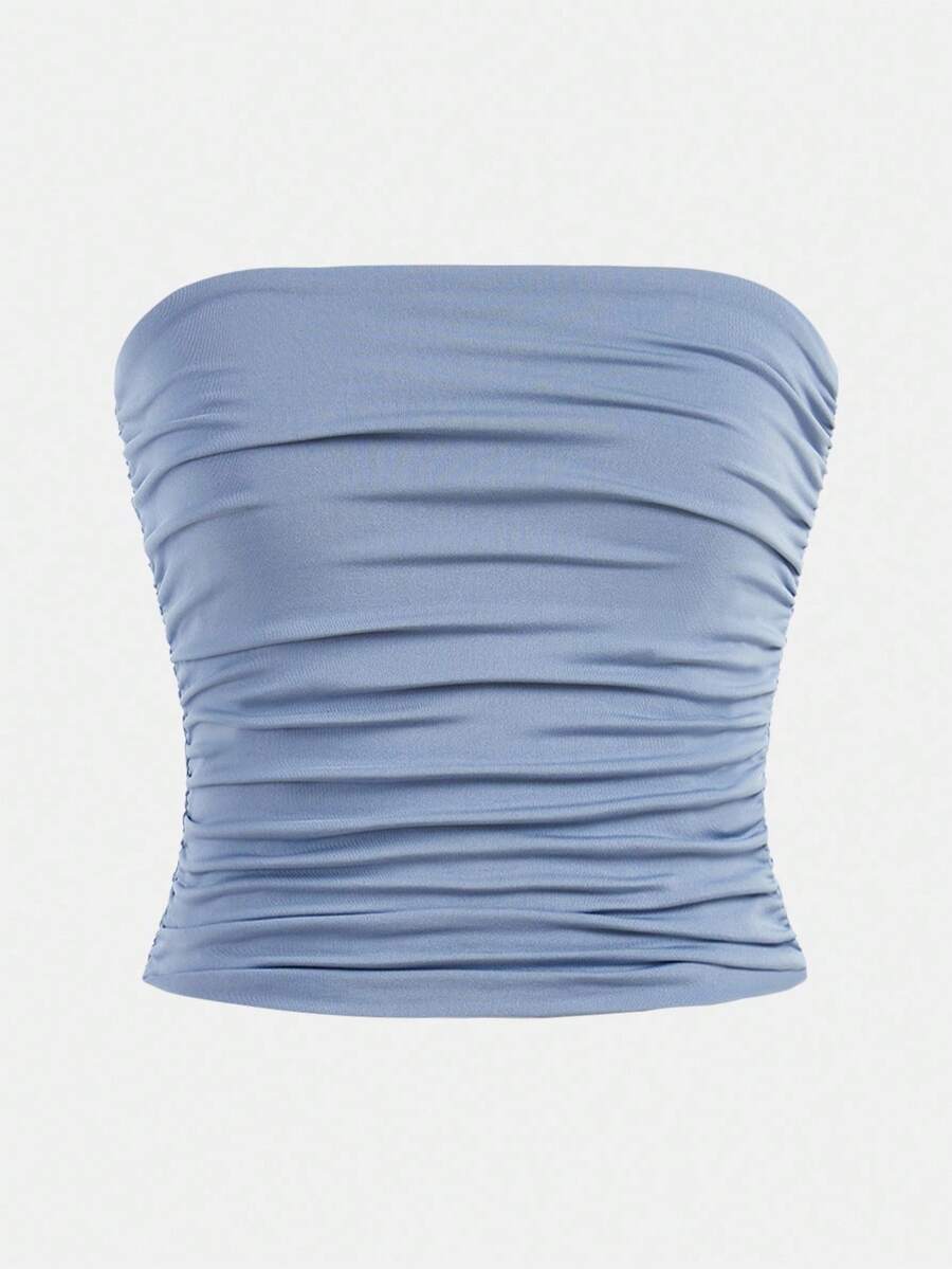 Tween Girl Minimalist Comfortable Side Ruched Tube Top Fall Winter - Baby Blue - View 1