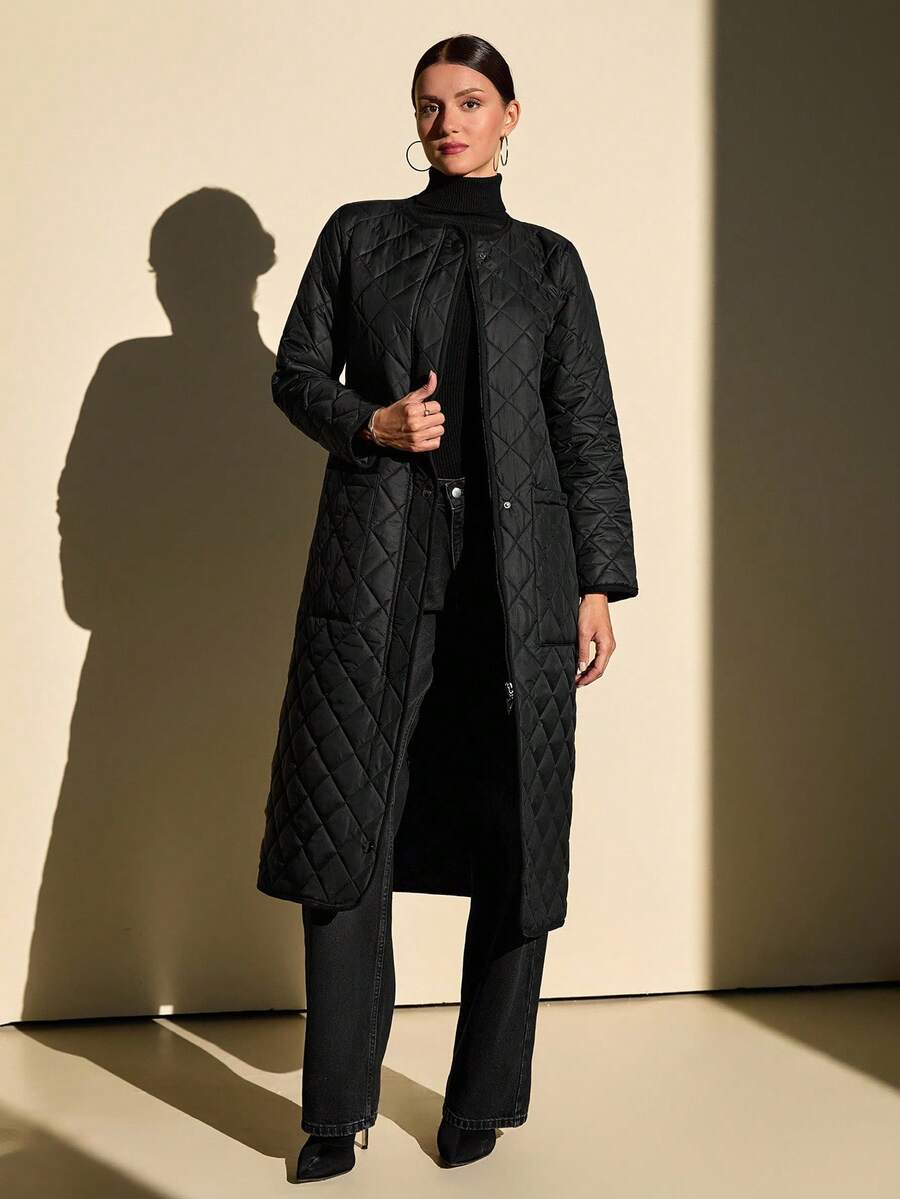 CLARA VERO Long Quilted Coat With Diamond Stitch Design, Crew Neckline, Front Snap Closures, Dual Patch Pockets, Timeless Urban Outerwear - Black - View 1