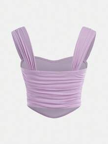 少女可爱夏日甜心领浪漫纯色褶饰宽肩带上衣，返校季，法式优雅 - 淡紫色 - 查看 2