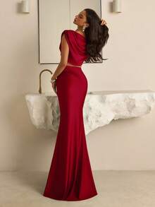 Vowa 2 件优雅红色弹性针织宽肩垫深 V 领美人鱼长裙，带有性感激光切割金属珠饰，适合约会、度假、音乐会、毕业典礼、婚礼、下午茶、正式场合