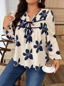 Weeklong Plus Size Elegant Floral Print Tie Front Shirt Fall Cloth For Women