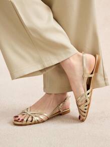 Rosivie 女士户外方头平底金色 PU 材质时尚简约舒适日常凉鞋，带扣带