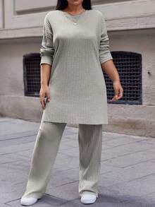 EURMUSE Cotton Plus Drop Shoulder Split Hem Tee & Pants - Grey - View 4