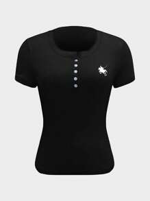 SHEIN EZwear 女式黑色字母纽扣半襟短袖休闲短款 T 恤 - 黑色 - 查看 4