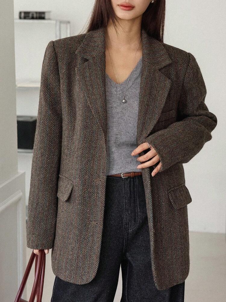 Women's Loose Business Casual Plaid Knitted Thickened Coat, Autumn/Winter Modest Fashion