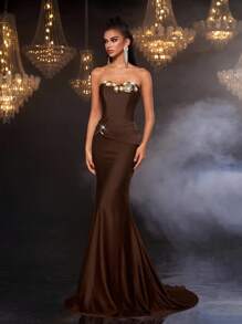 Glamrae Bộ đồ bơi liền thân co giãn họa tiết hoa ngọc trai ánh kim sang trọng thanh lịch, có chân váy đuôi cá xẻ tà và đuôi dài, thích hợp cho đám cưới, tiệc tùng, kỳ nghỉ, dạ hội, váy dạ hội (được trang trí nhiều chi tiết) - Cà phê nâu - Xem 5