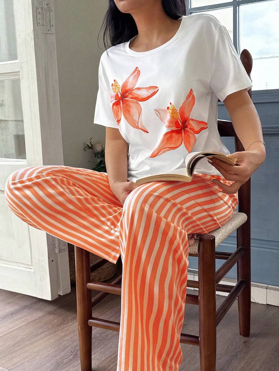 SHEIN 不对称设计女式睡衣套装，采用针织面料和鲜艳的橙色条纹 条纹睡裤 女式碎花睡衣套装 女士夏季睡衣套装 橙色睡衣套装 女士橙色睡衣套装 女士碎花睡衣套装 - 彩色 - 查看 1