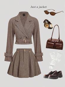 SHEIN MOD 女式千鸟格印花休闲宽松束带夹克风衣，适合秋季外套 - 彩色 - 查看 1