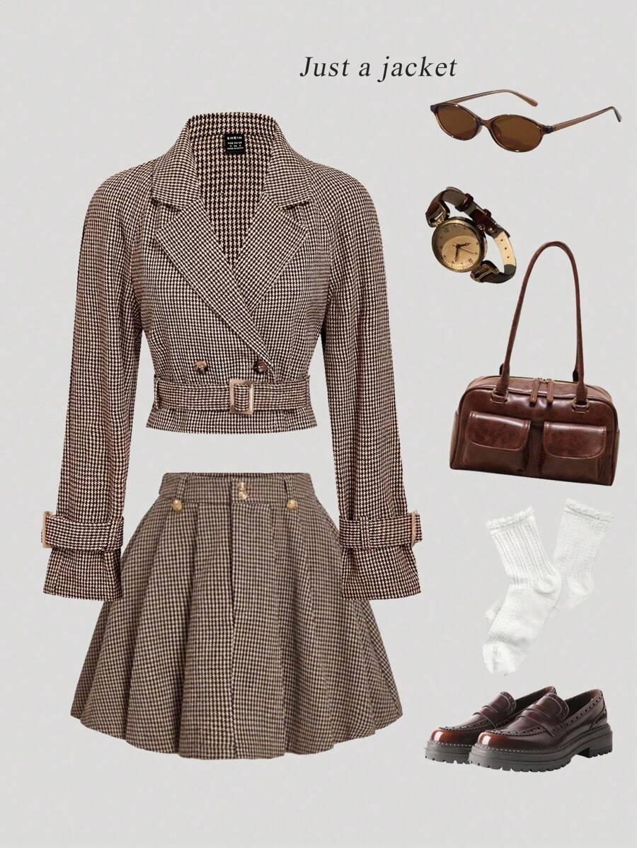 SHEIN MOD 女式千鸟格印花休闲宽松束带夹克风衣，适合秋季外套 - 彩色 - 查看 1