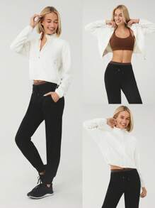 GLOWMODE Thin Polar Fleece Loose-Fit Cropped Drawstring Long Sleeve Jacket - Beige - View 7