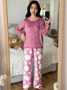 SHEIN 2 件套 Tween Girl 卡通刺绣圆领长袖上衣和云朵图案柔软法兰绒睡裤套装，秋冬季舒适家居服 - 藕粉色 - 查看 7