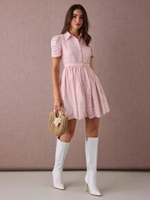 Enchnt Fall/Winter Romantic Women's Pastel Pink Floral Hollow Embroidered Short Sleeve Shirt Mini Dress With Belt,Sweet&Elegant For Vacation&Date&Holiday&Birthday&Party&Graduation&Wedding Guest&Office&Going Out&Halloween&Christmas,Autumn Dresses For Women,Fall Clothes For Women,Autumn Outfits For Women,Back To School - Pink - View 5