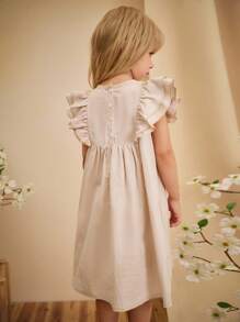 Loomiva Young Girl Floral Ruffle Trim Cinched Waist Short Sleeve Casual Dress, White/Beige - Apricot - View 2