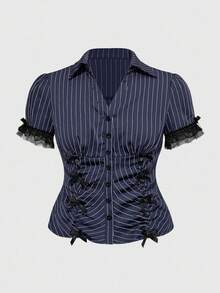 ROMWE Grunge Punk Áo cánh tay ngắn phối ren họa tiết sọc ôm eo cỡ lớn dành cho nữ - Màu xanh hải quân - Xem 1