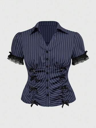 Grunge Punk Striped Fitted Waist Lace Patchwork Short Sleeve Plus Size Women Blouse
